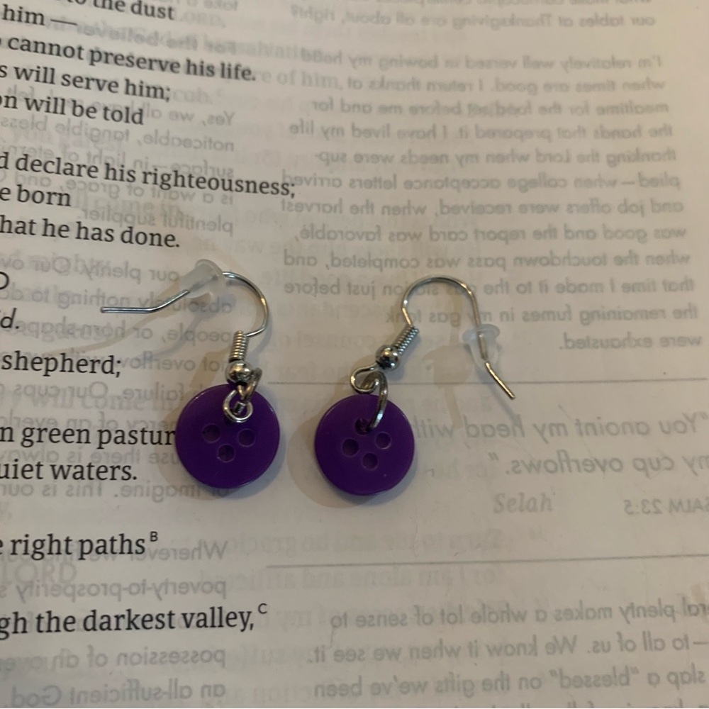 Handmade Purple Button Dangling Earrings - Picture 4 of 6